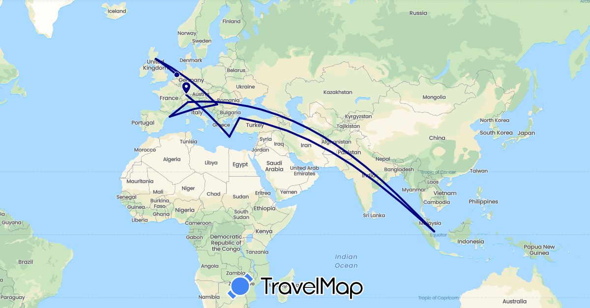 TravelMap itinerary: driving in Switzerland, Spain, United Kingdom, Greece, Italy, Netherlands, Serbia, Singapore, Turkey (Asia, Europe)